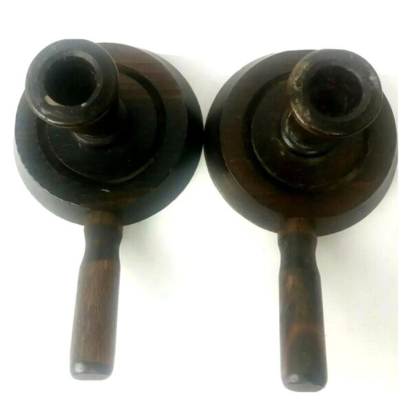 Two Vintage Wooden Handled Chamberstick Candleholders Rustic Granny Chic Charm - Picture 5 of 6